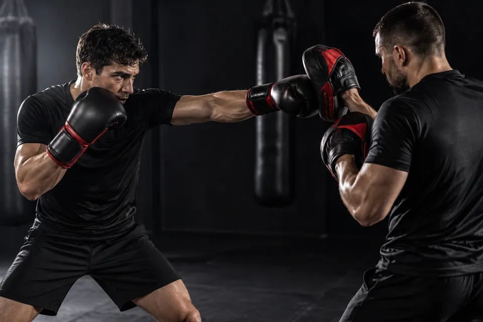 Imagem ilustrativa de treino de Boxe com luvas e manoplas.