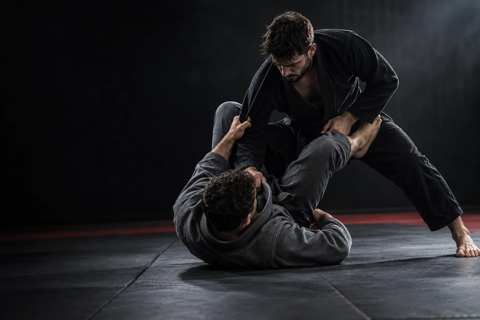 Imagem ilustrativa de dois atletas em treino técnico de grappling no tatame.