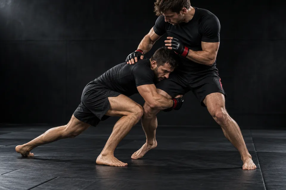 Imagem ilustrativa de treino técnico de MMA com entrada de queda.